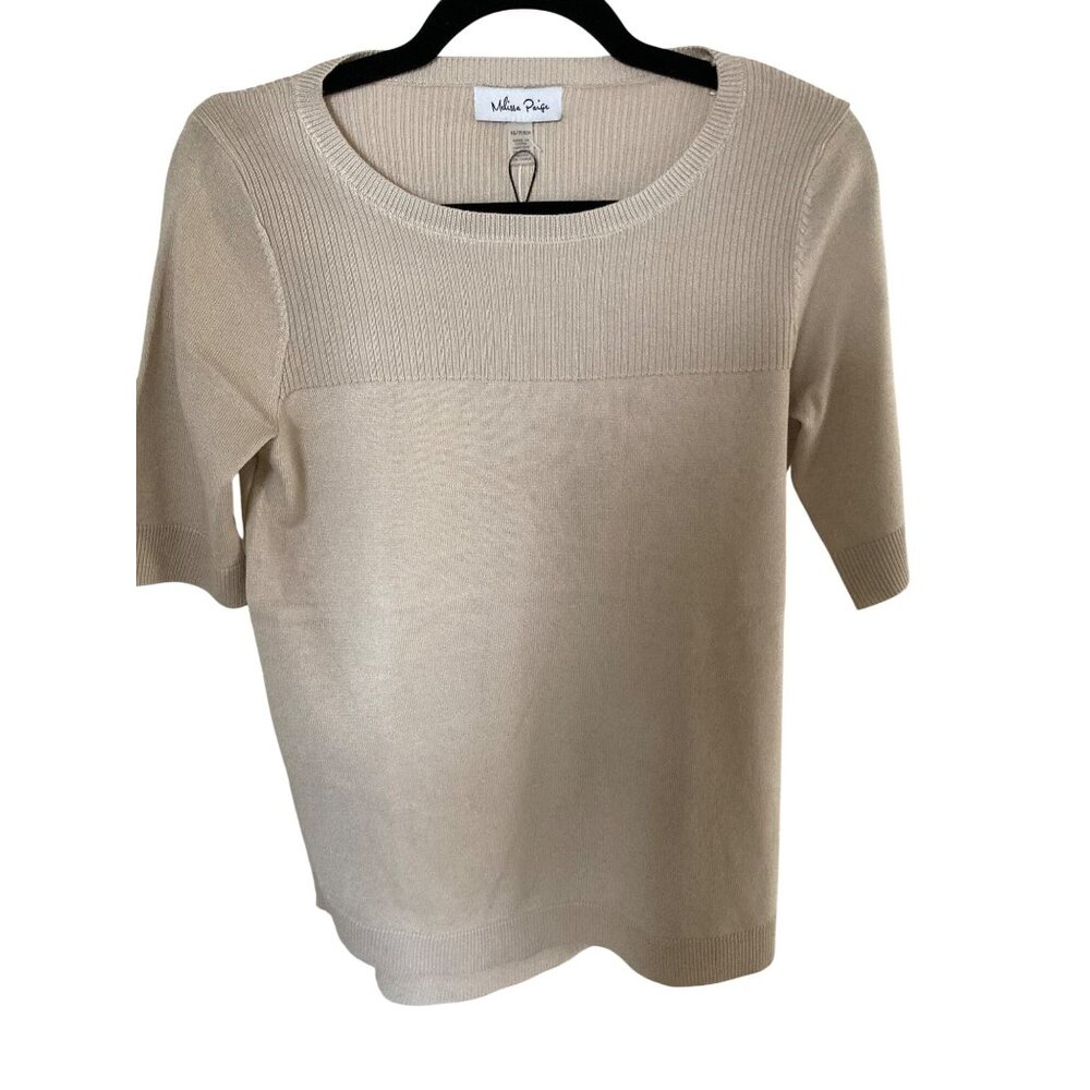 Melissa Paige Pumice Stone Beige Ribbed Crewneck Short Sleeve Knit Sweater NWT V